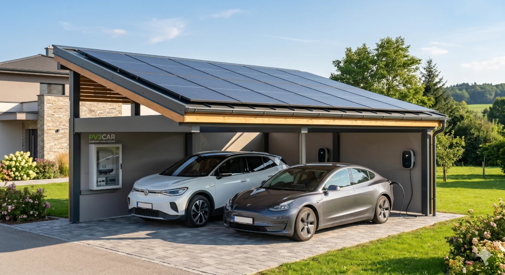 PV2CAR Doppel-Carport mit 16 PV-Modulen und Elektroschrank