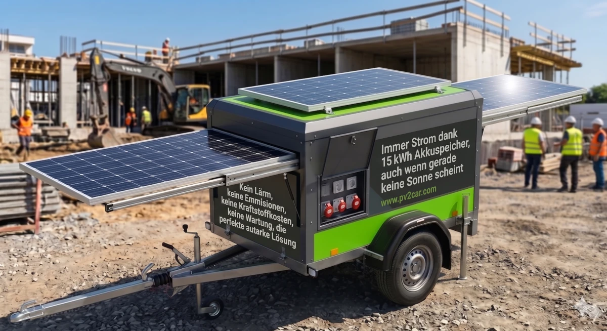 PV2CAR Autarker Baustromanhänger mit aufgeklappten Solarmodulen auf einer Baustelle